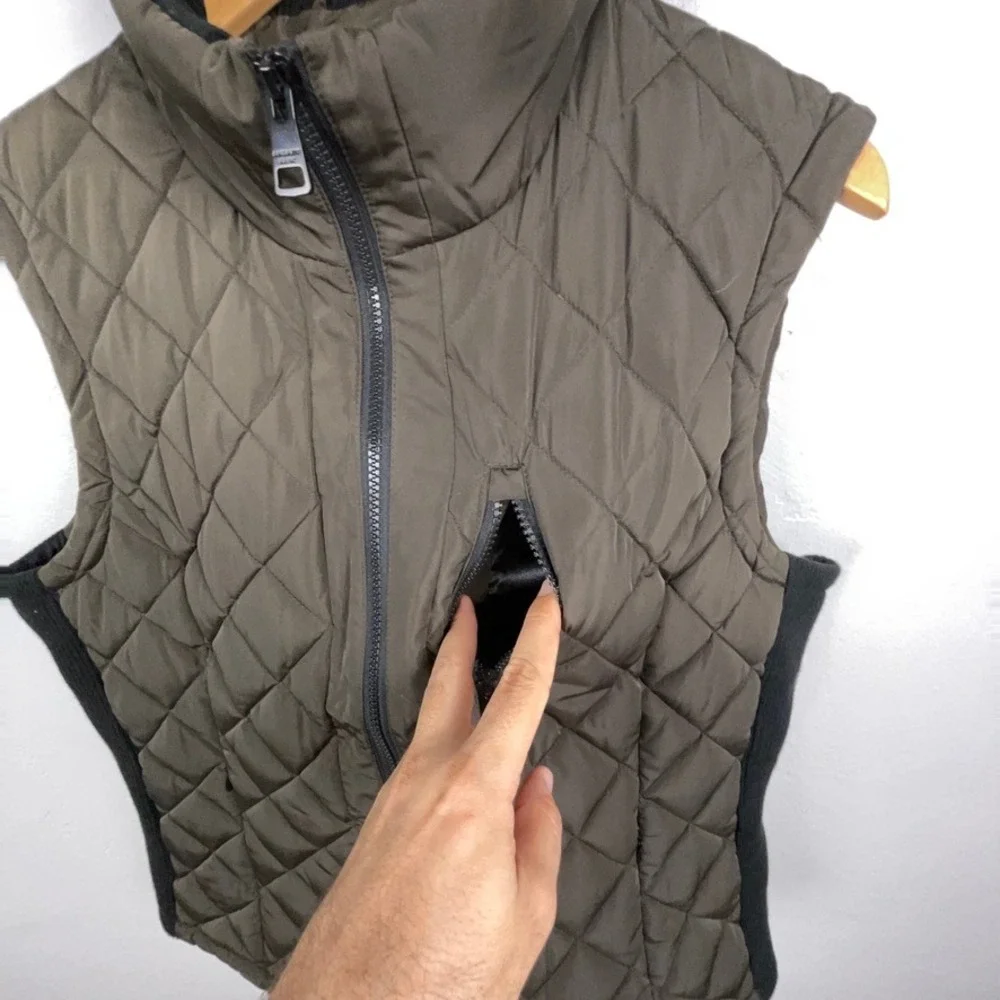 Andrew Marc Quilted Vest Women XL Olive Full Zip Ribbed Trim Puffer Outdoor Hike